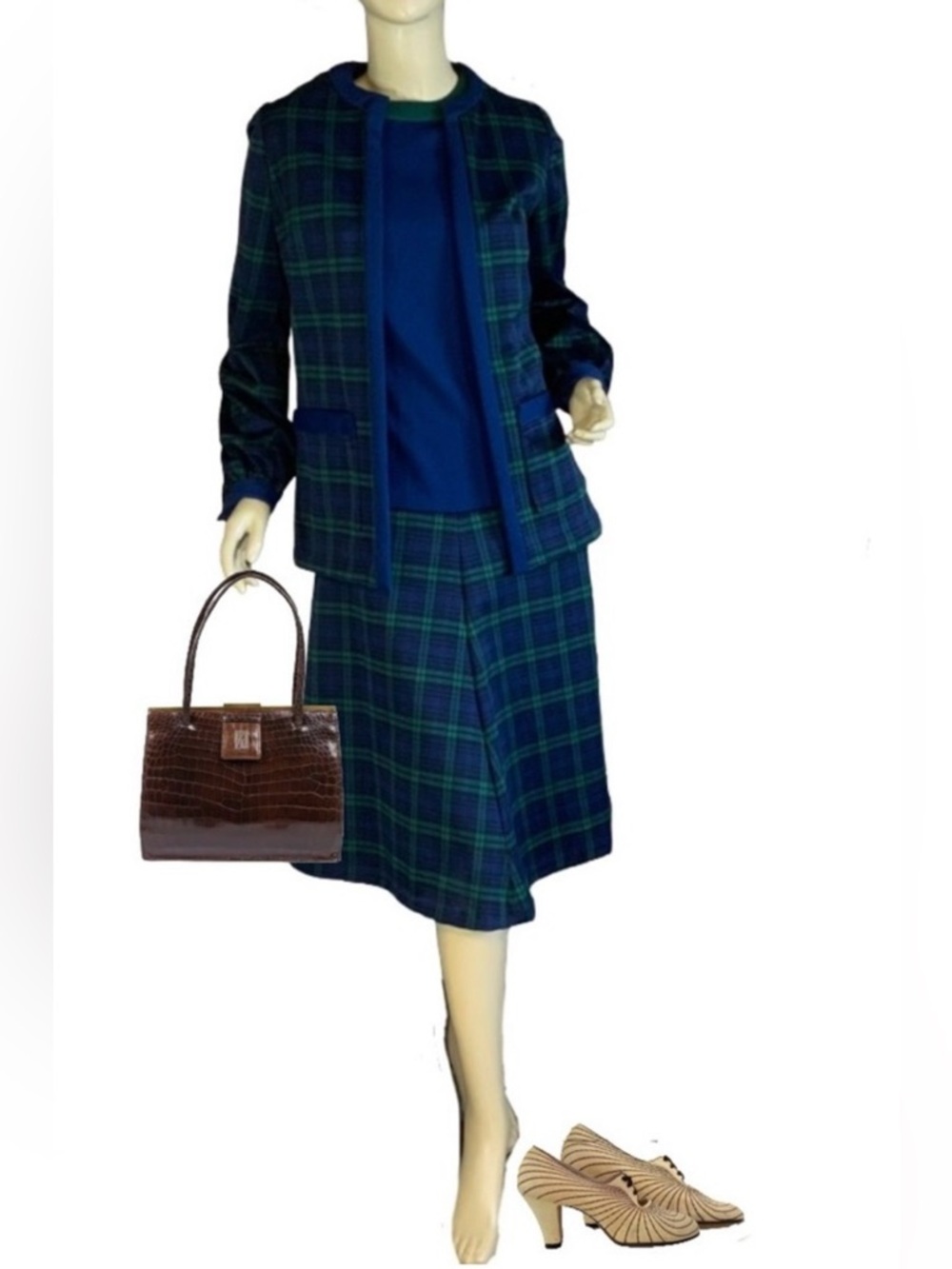 VOGUE COUTURIER BLUE & GREEN PLAID DRESS & JACKET 1960'S MATCHING SET (M)